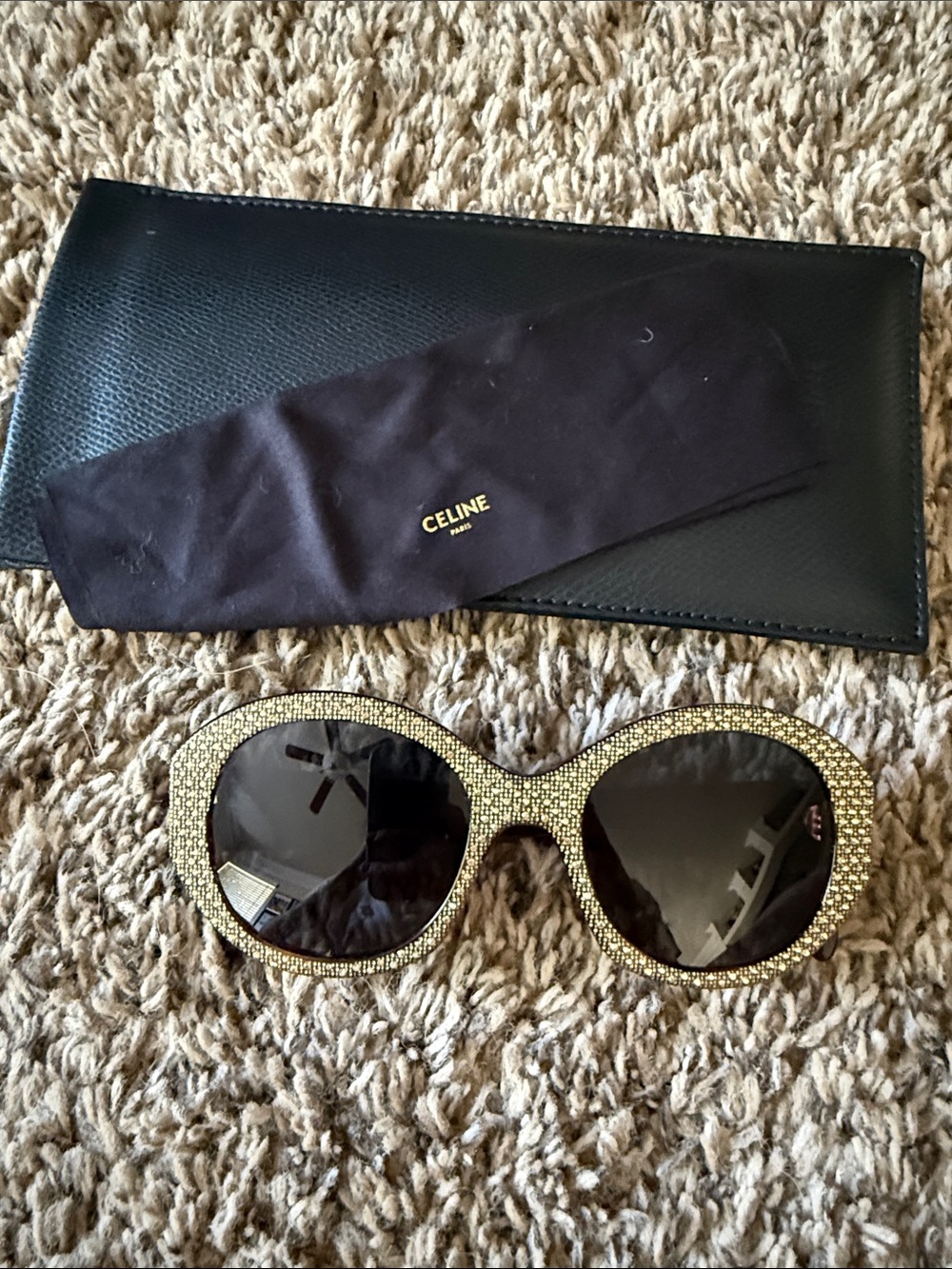 Authentic Celine Gold Crystal Embellished Black Lens Oversized Sunglasses